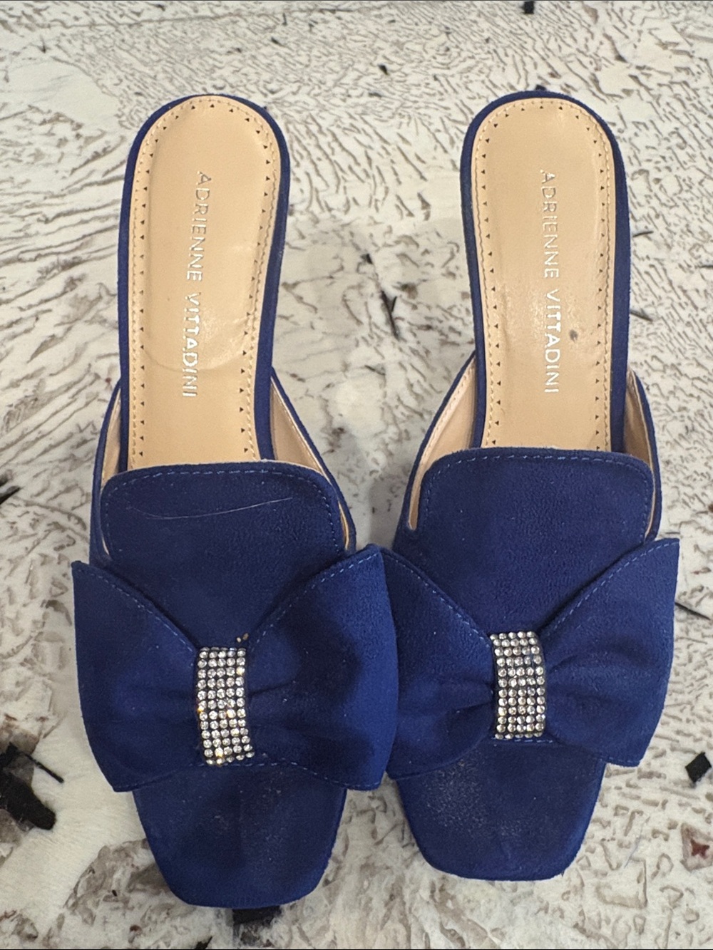 Adrienne Vittadini Blue Bow-Accent Mule Heels with Crystal Detail